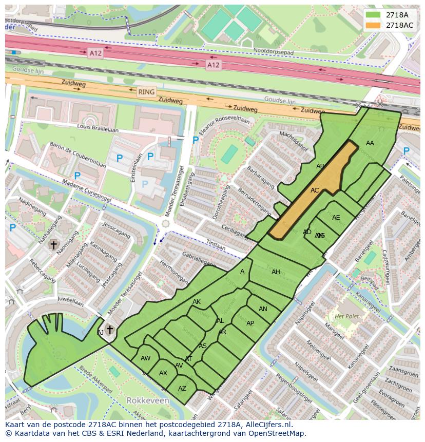 Afbeelding van het postcodegebied 2718 AC op de kaart.