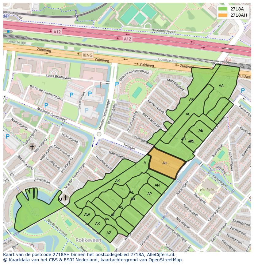 Afbeelding van het postcodegebied 2718 AH op de kaart.