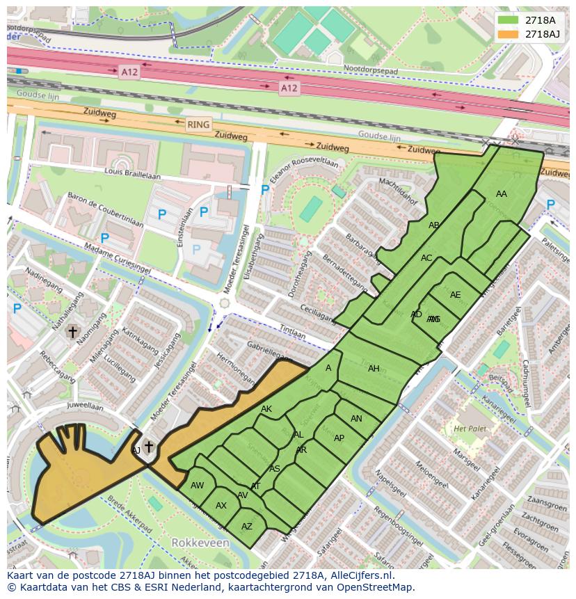 Afbeelding van het postcodegebied 2718 AJ op de kaart.