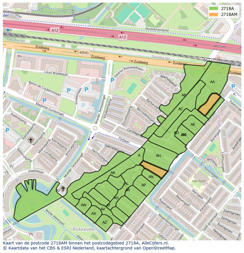 Afbeelding van het postcodegebied 2718 AM op de kaart.