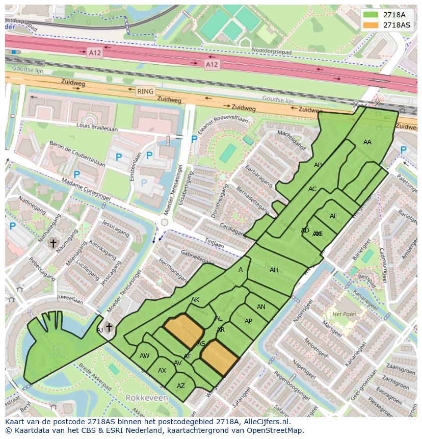 Afbeelding van het postcodegebied 2718 AS op de kaart.