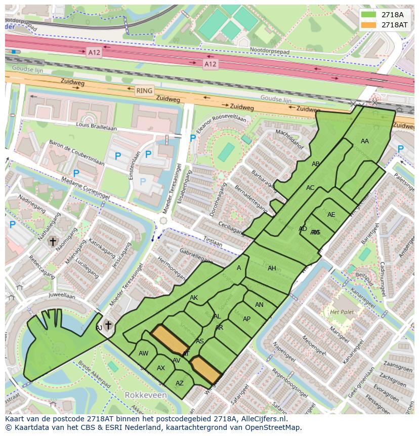 Afbeelding van het postcodegebied 2718 AT op de kaart.
