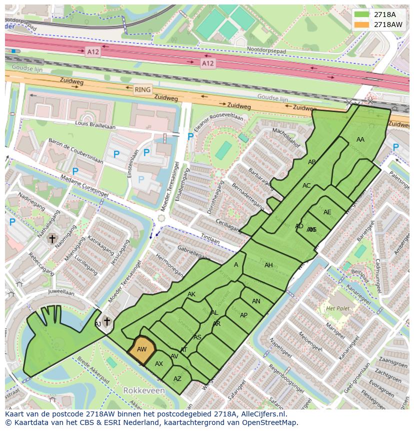Afbeelding van het postcodegebied 2718 AW op de kaart.