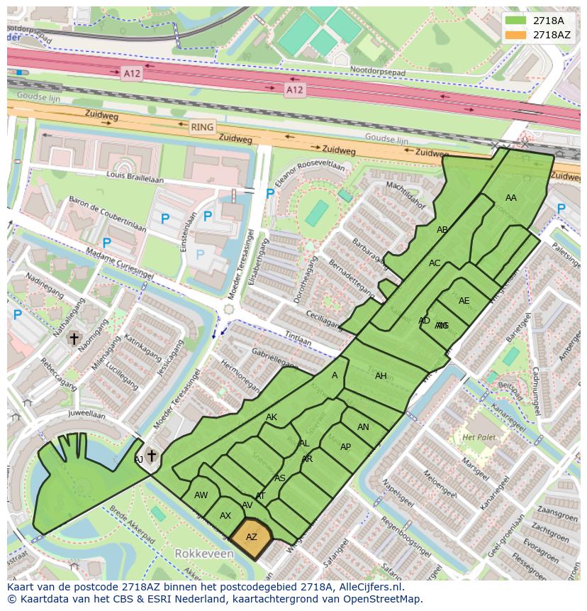 Afbeelding van het postcodegebied 2718 AZ op de kaart.
