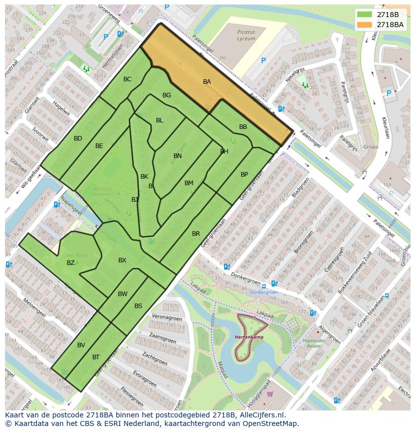 Afbeelding van het postcodegebied 2718 BA op de kaart.