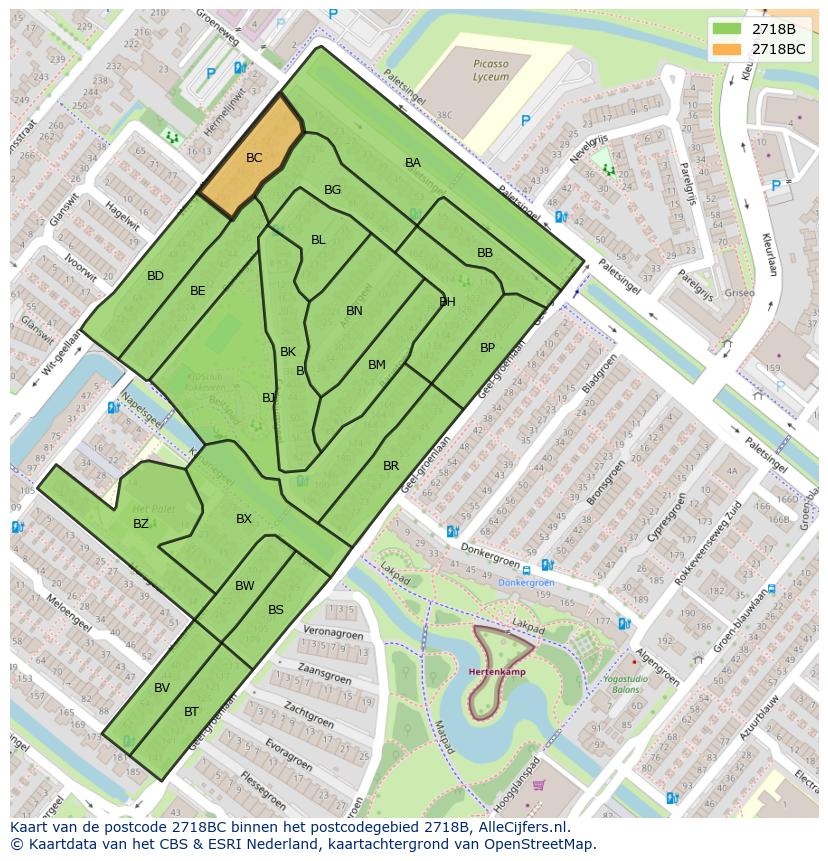Afbeelding van het postcodegebied 2718 BC op de kaart.