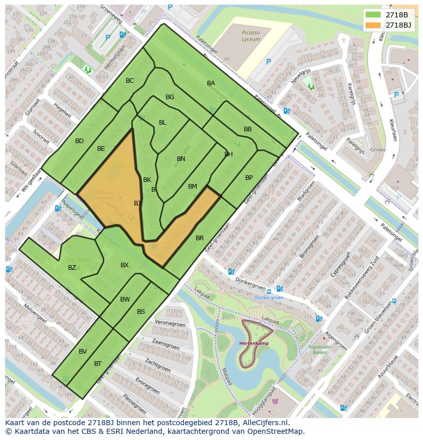 Afbeelding van het postcodegebied 2718 BJ op de kaart.