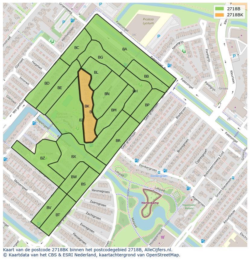 Afbeelding van het postcodegebied 2718 BK op de kaart.