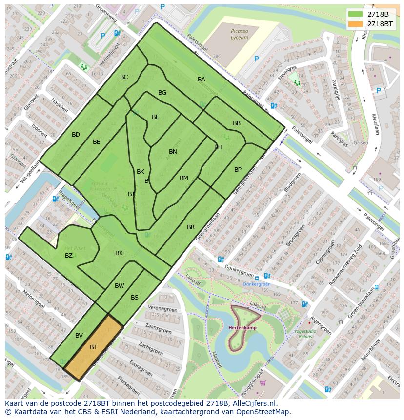 Afbeelding van het postcodegebied 2718 BT op de kaart.