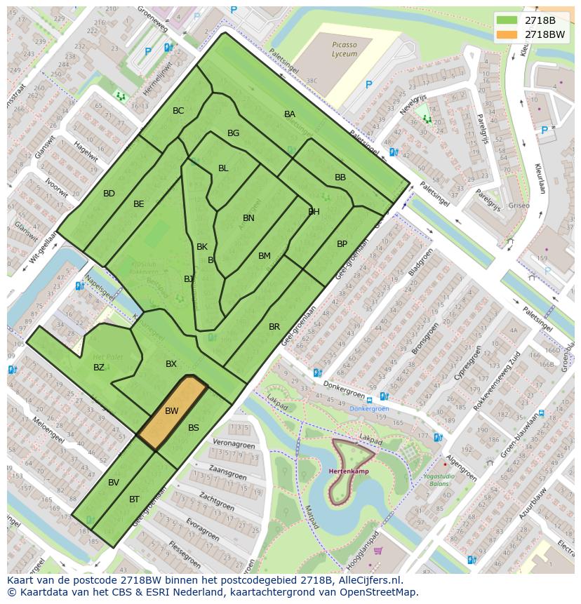 Afbeelding van het postcodegebied 2718 BW op de kaart.