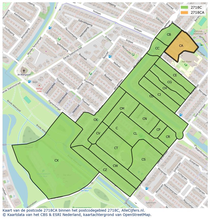 Afbeelding van het postcodegebied 2718 CA op de kaart.