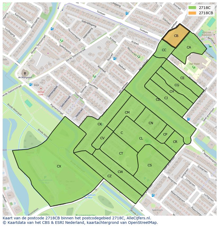 Afbeelding van het postcodegebied 2718 CB op de kaart.