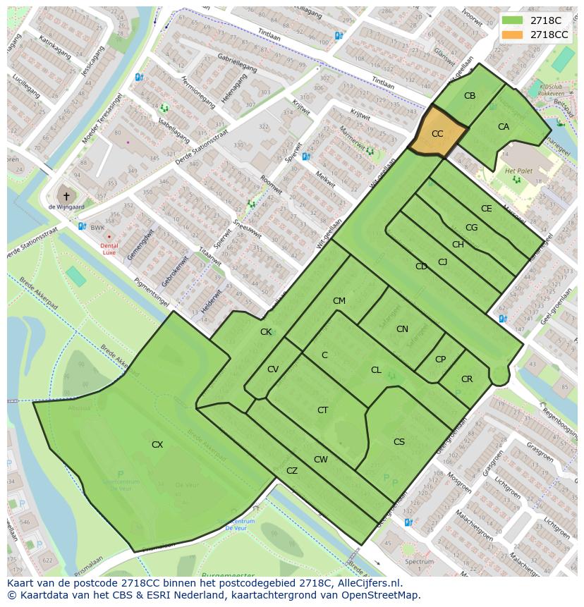 Afbeelding van het postcodegebied 2718 CC op de kaart.