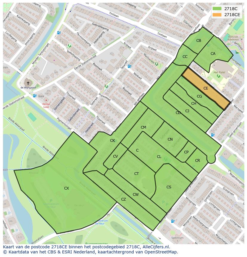 Afbeelding van het postcodegebied 2718 CE op de kaart.