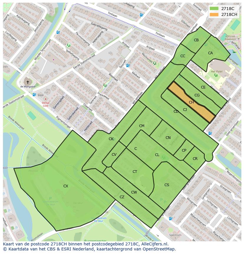 Afbeelding van het postcodegebied 2718 CH op de kaart.