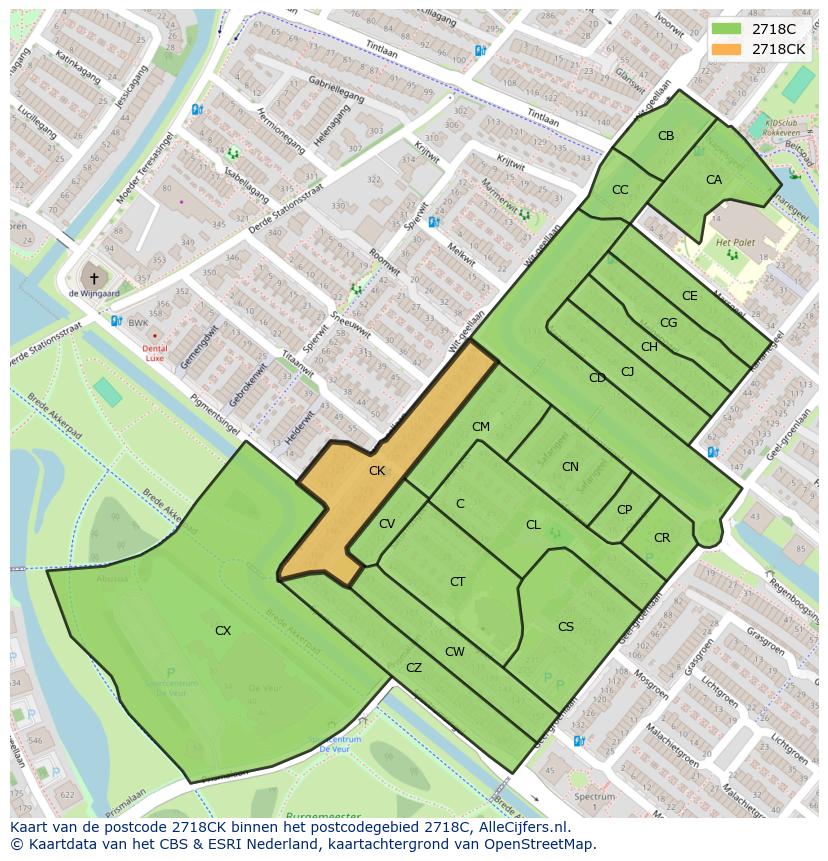 Afbeelding van het postcodegebied 2718 CK op de kaart.