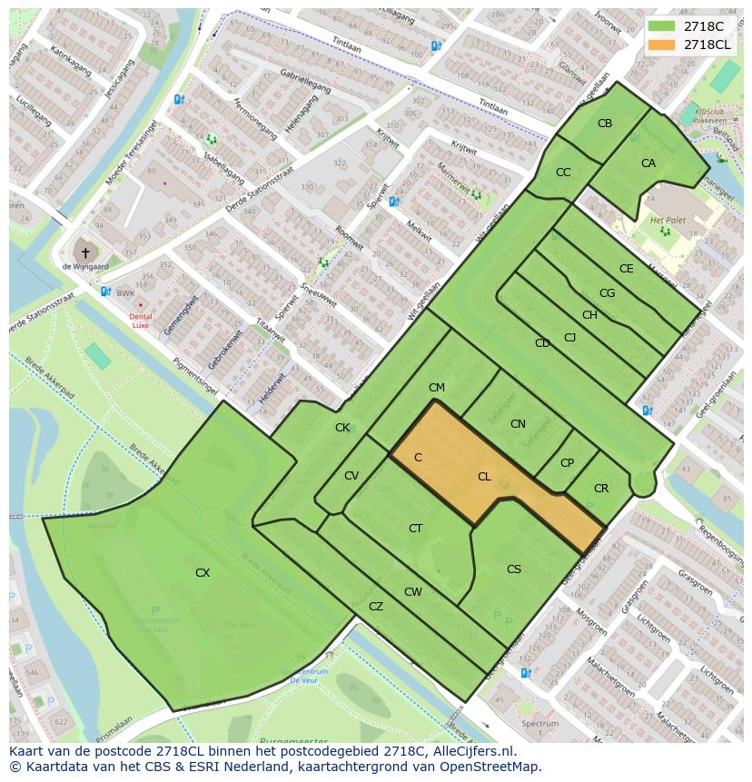 Afbeelding van het postcodegebied 2718 CL op de kaart.