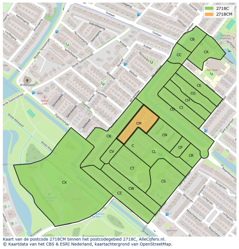 Afbeelding van het postcodegebied 2718 CM op de kaart.