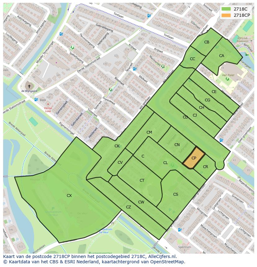 Afbeelding van het postcodegebied 2718 CP op de kaart.