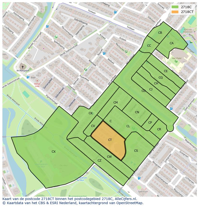 Afbeelding van het postcodegebied 2718 CT op de kaart.