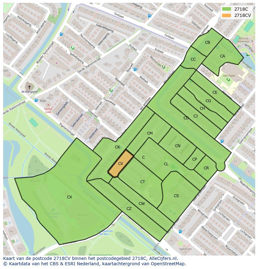 Afbeelding van het postcodegebied 2718 CV op de kaart.