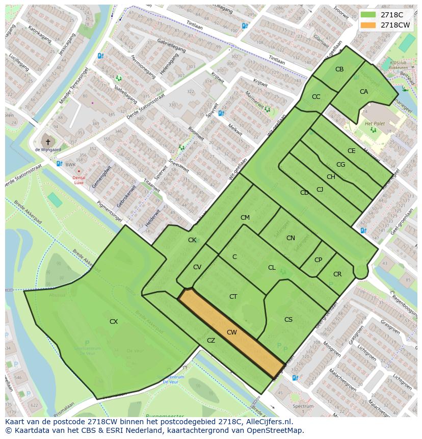 Afbeelding van het postcodegebied 2718 CW op de kaart.