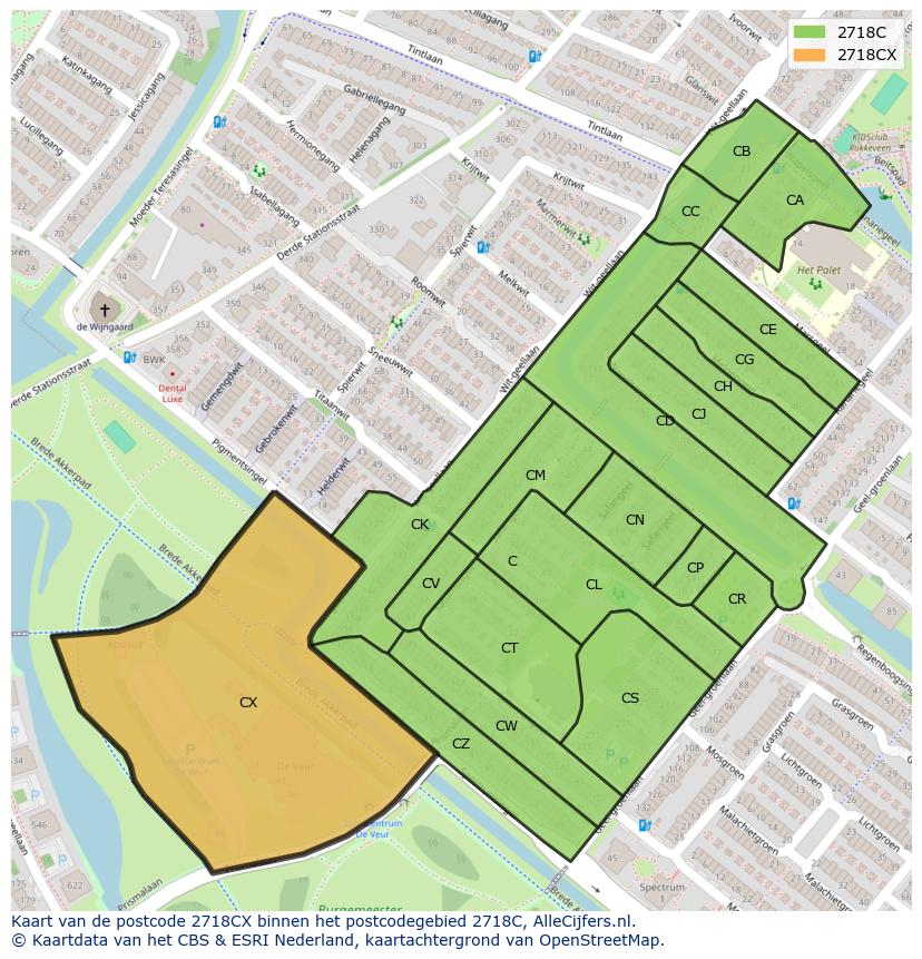 Afbeelding van het postcodegebied 2718 CX op de kaart.