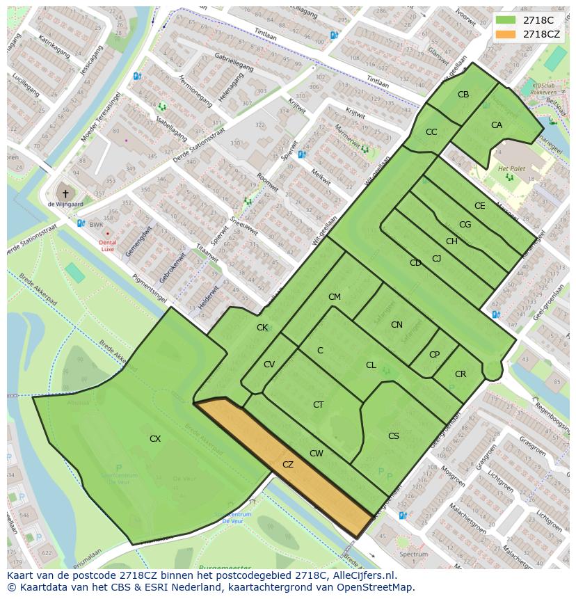 Afbeelding van het postcodegebied 2718 CZ op de kaart.