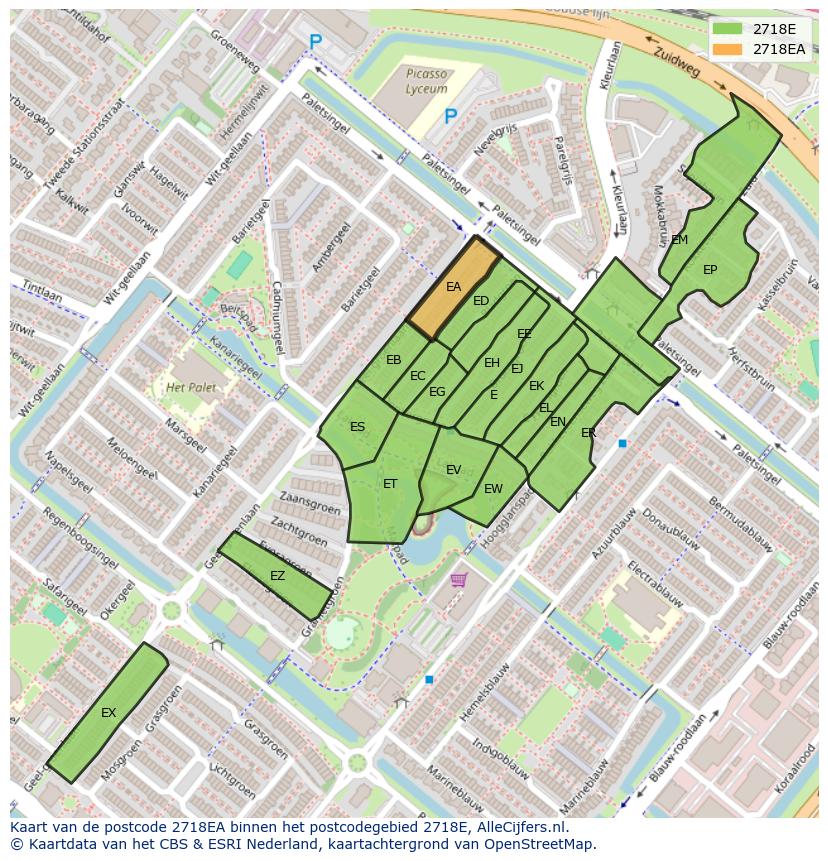 Afbeelding van het postcodegebied 2718 EA op de kaart.