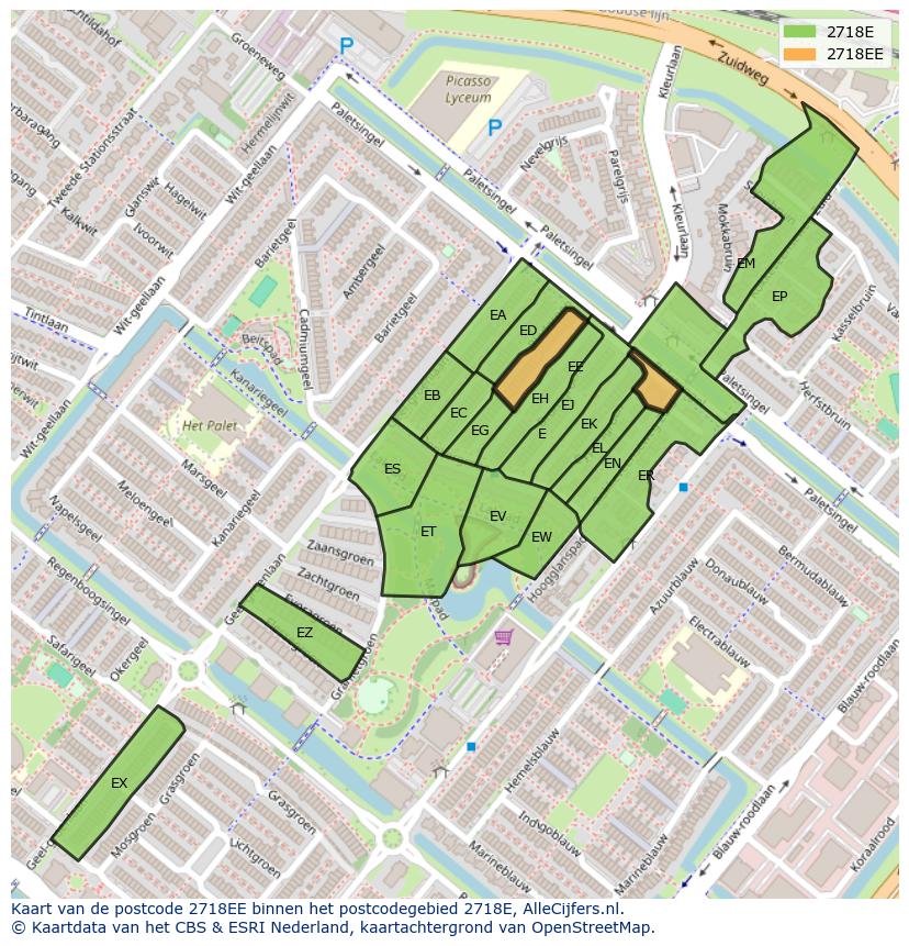 Afbeelding van het postcodegebied 2718 EE op de kaart.
