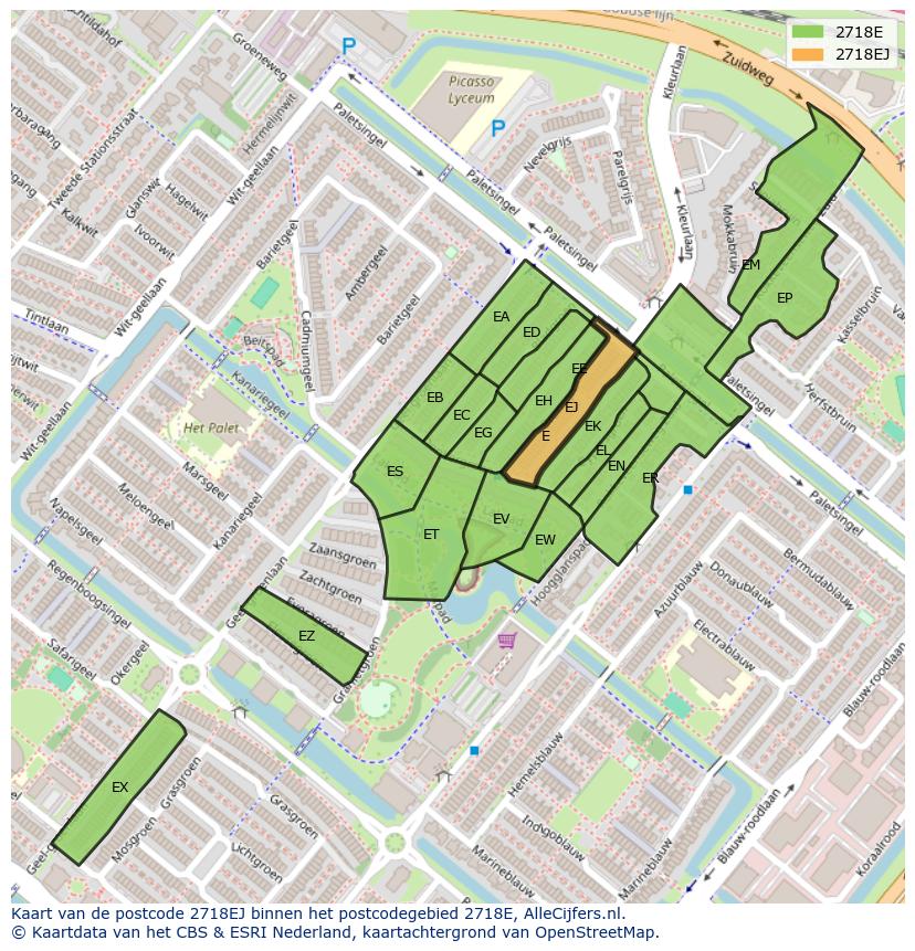 Afbeelding van het postcodegebied 2718 EJ op de kaart.