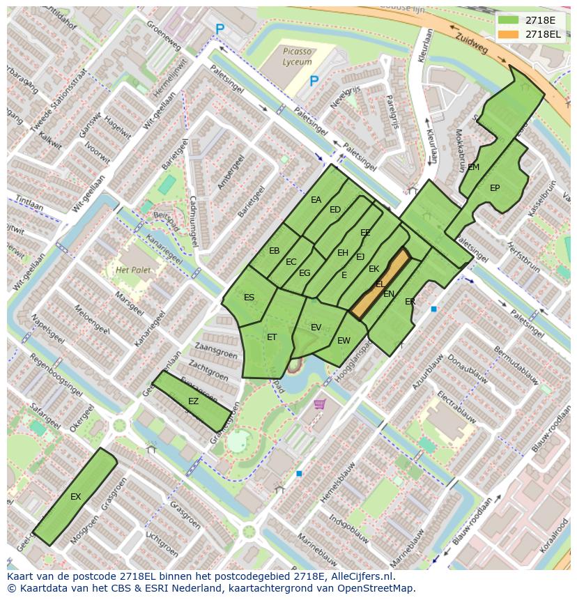Afbeelding van het postcodegebied 2718 EL op de kaart.