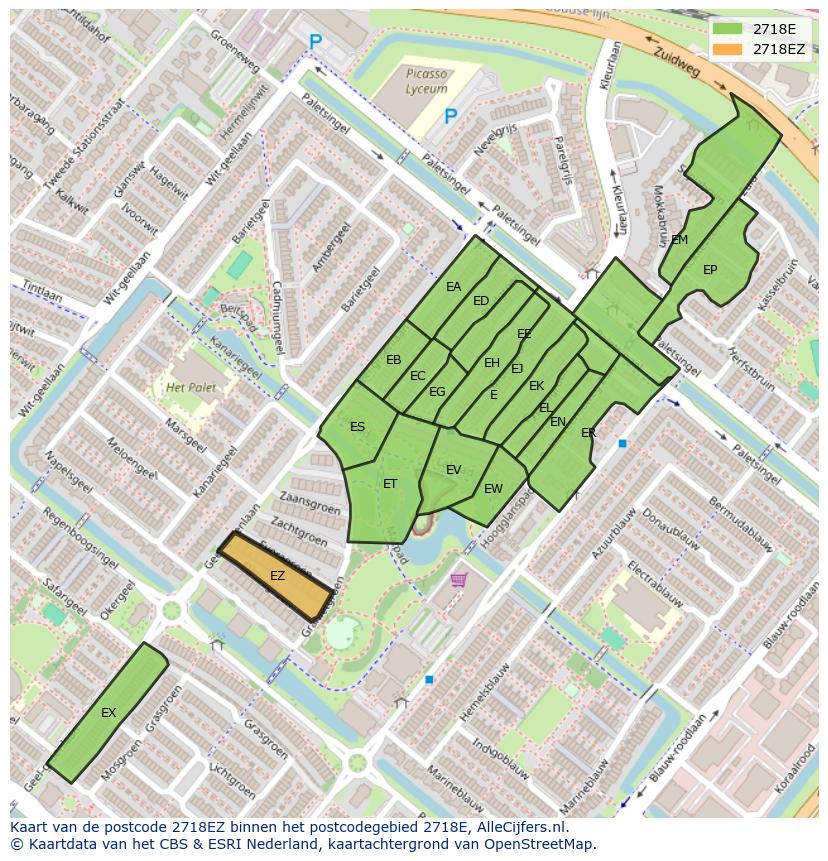 Afbeelding van het postcodegebied 2718 EZ op de kaart.