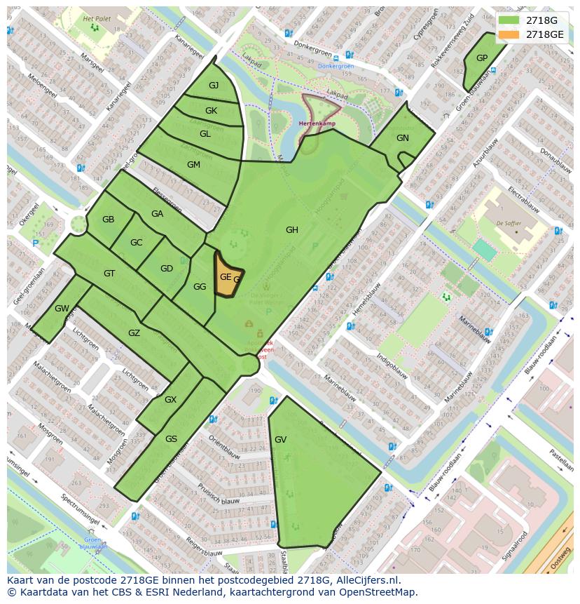 Afbeelding van het postcodegebied 2718 GE op de kaart.