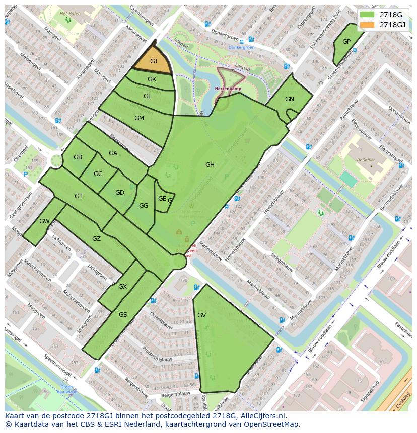 Afbeelding van het postcodegebied 2718 GJ op de kaart.