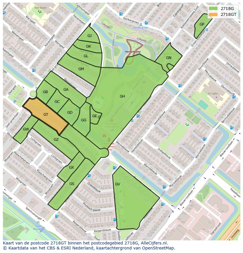 Afbeelding van het postcodegebied 2718 GT op de kaart.