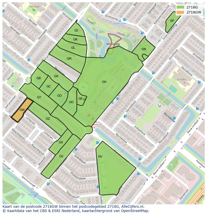 Afbeelding van het postcodegebied 2718 GW op de kaart.