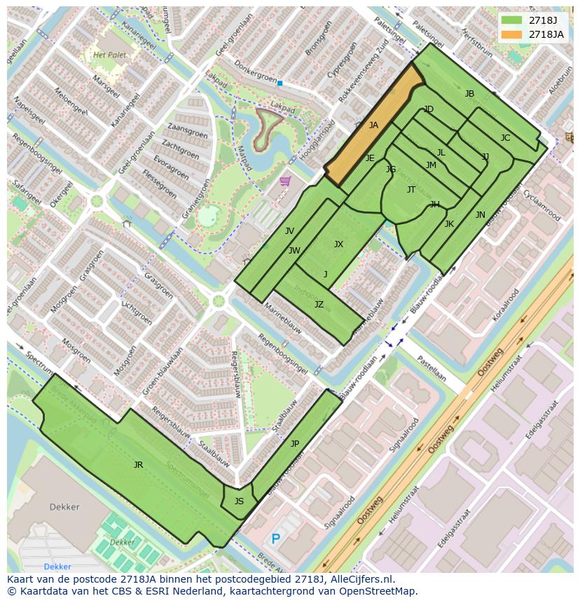 Afbeelding van het postcodegebied 2718 JA op de kaart.