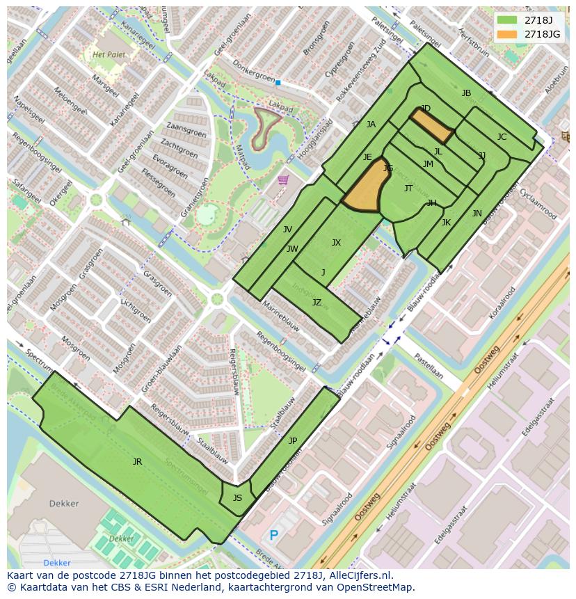 Afbeelding van het postcodegebied 2718 JG op de kaart.