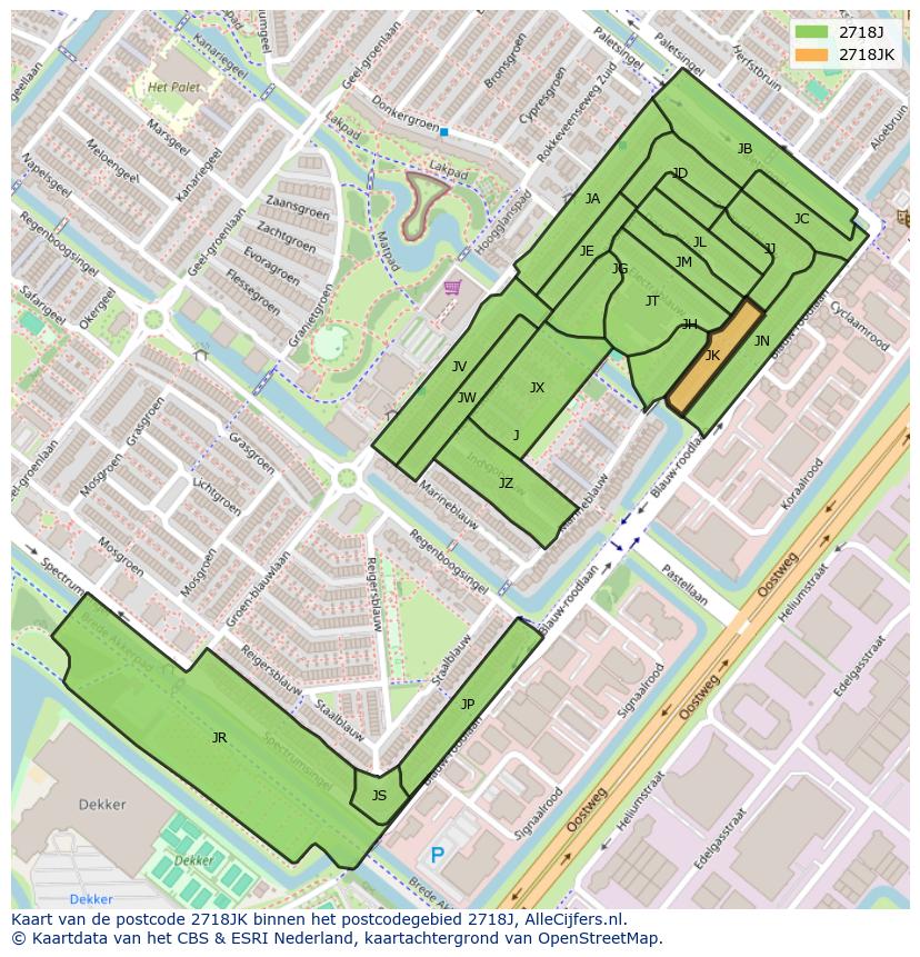 Afbeelding van het postcodegebied 2718 JK op de kaart.