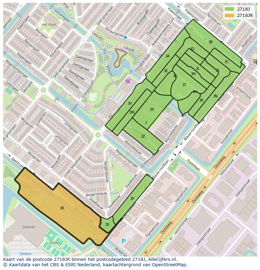 Afbeelding van het postcodegebied 2718 JR op de kaart.
