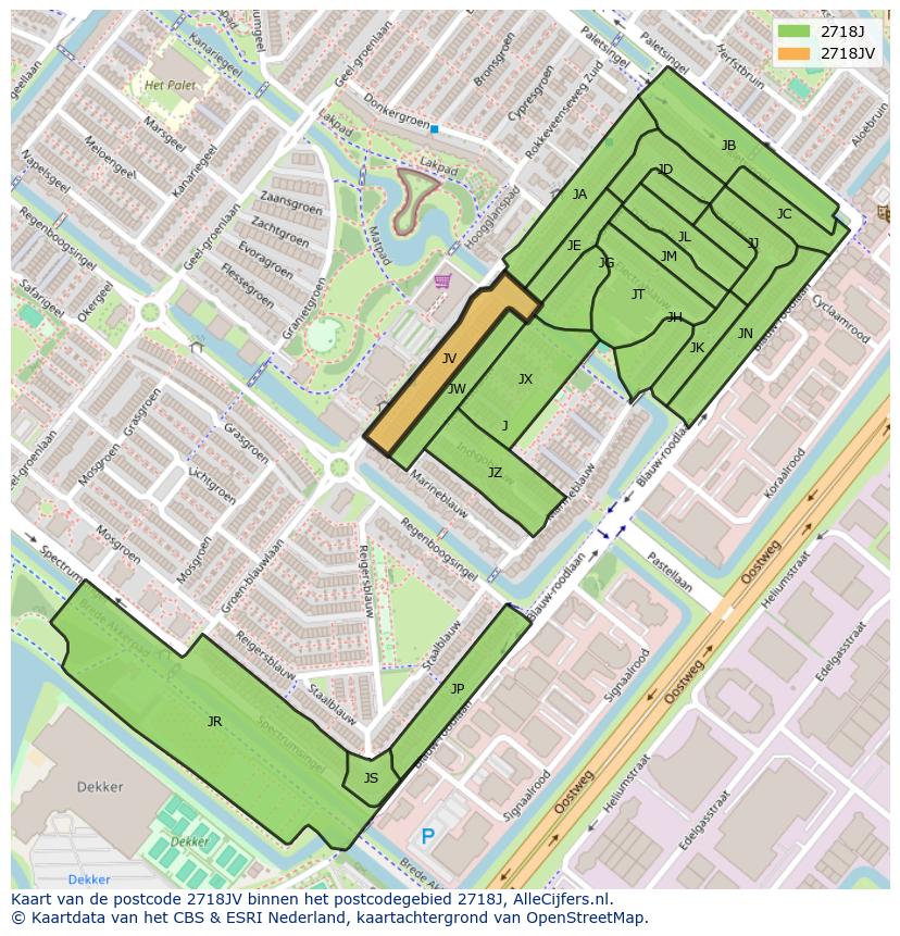 Afbeelding van het postcodegebied 2718 JV op de kaart.