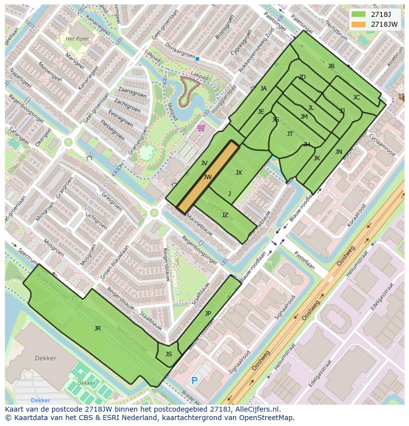 Afbeelding van het postcodegebied 2718 JW op de kaart.