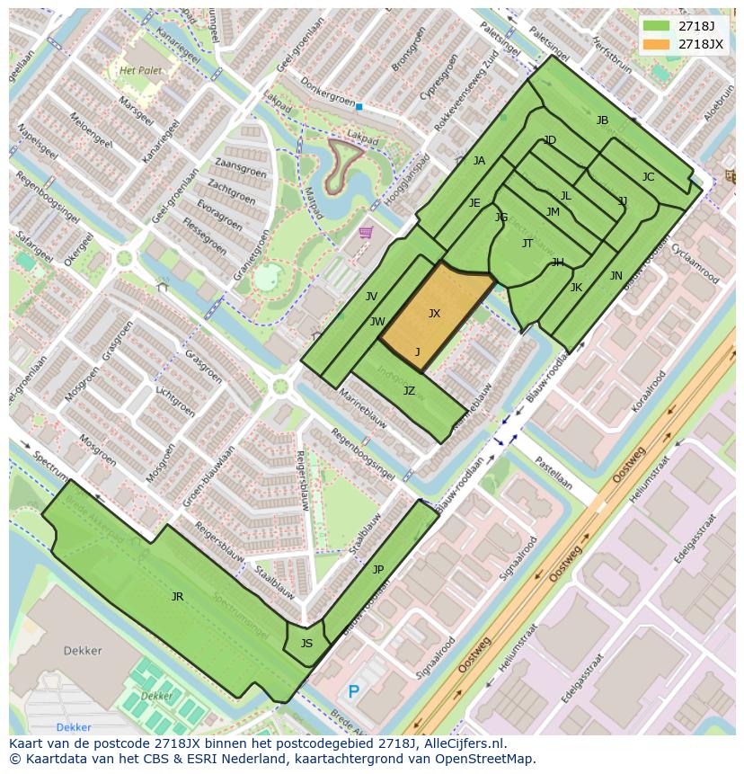 Afbeelding van het postcodegebied 2718 JX op de kaart.