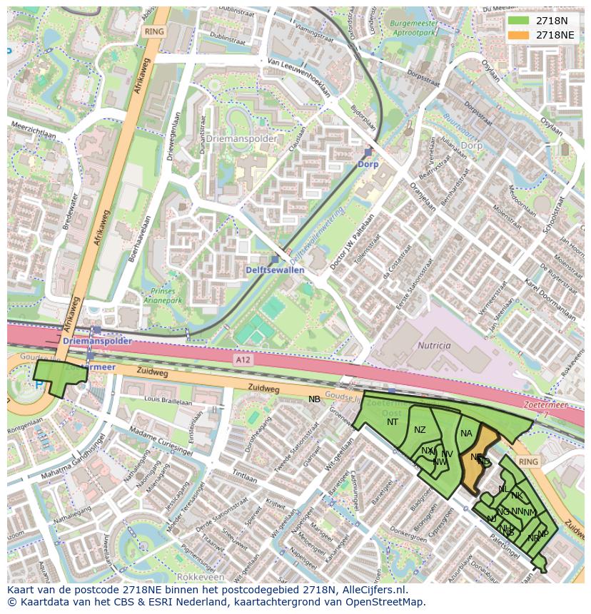 Afbeelding van het postcodegebied 2718 NE op de kaart.