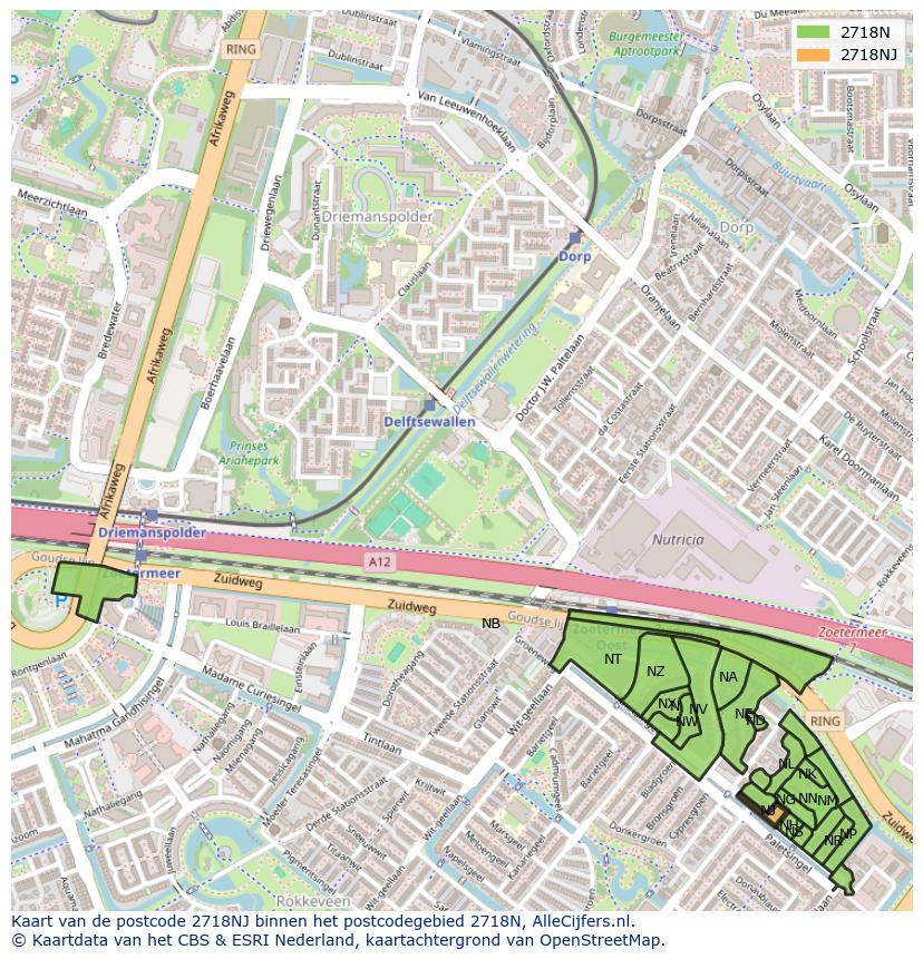 Afbeelding van het postcodegebied 2718 NJ op de kaart.