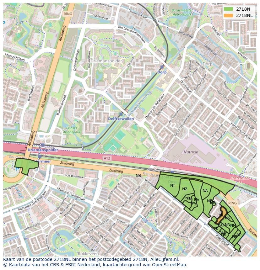Afbeelding van het postcodegebied 2718 NL op de kaart.