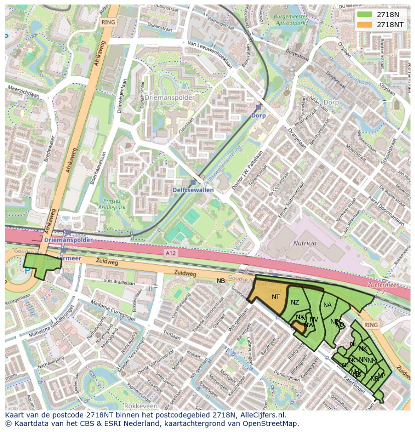 Afbeelding van het postcodegebied 2718 NT op de kaart.