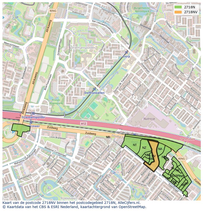 Afbeelding van het postcodegebied 2718 NV op de kaart.