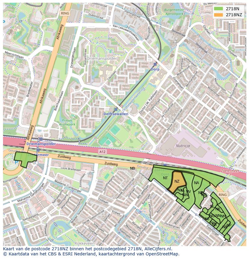 Afbeelding van het postcodegebied 2718 NZ op de kaart.